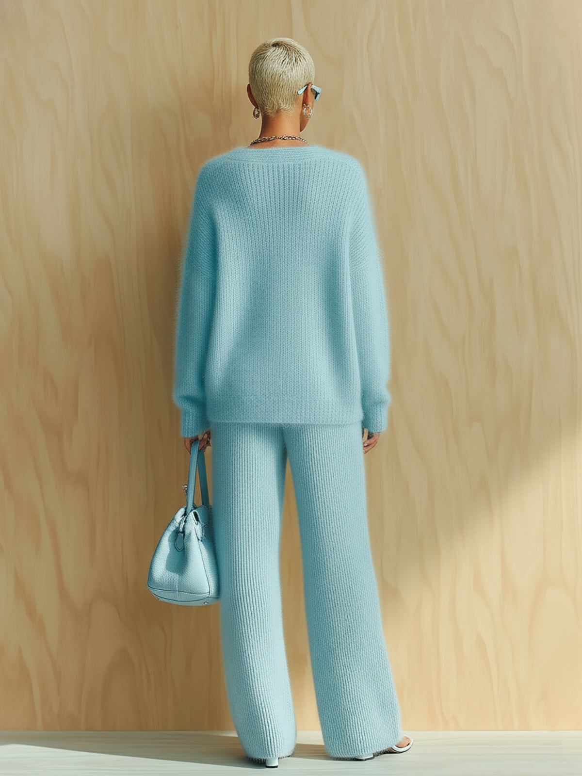 Nova Chic Vintage Baby Blue V-Neck Long Sleeve Oversized Sweater Wide-Leg Pants Fuzzy Knit Two-Piece Set