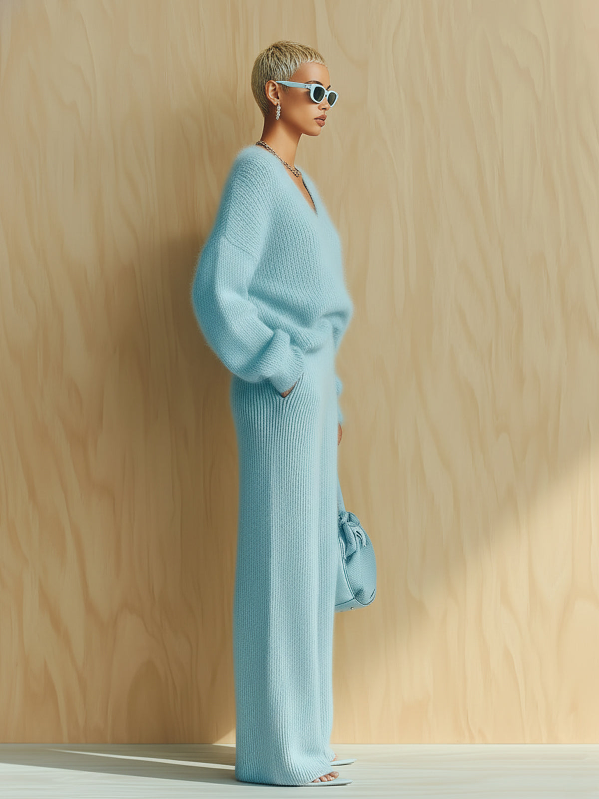 Nova Chic Vintage Baby Blue V-Neck Long Sleeve Oversized Sweater Wide-Leg Pants Fuzzy Knit Two-Piece Set