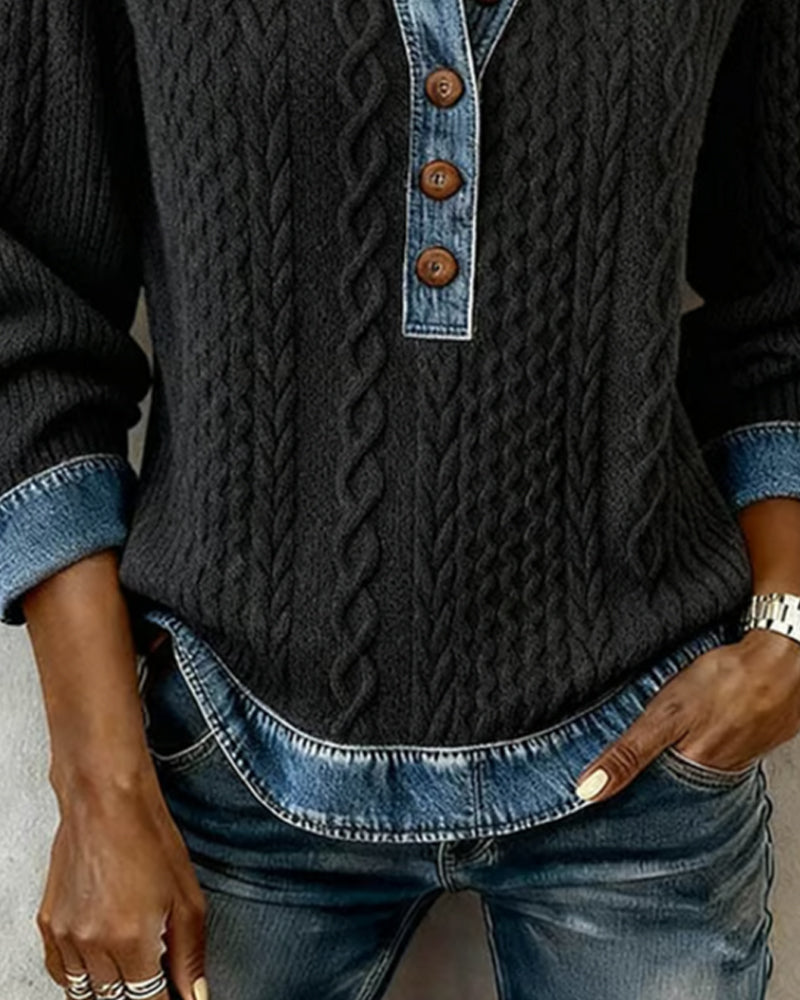 Elegant Color Block Denim Sweatshirt