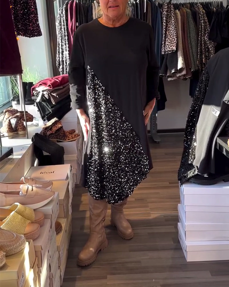 Sequin Panel Round Neck Dress