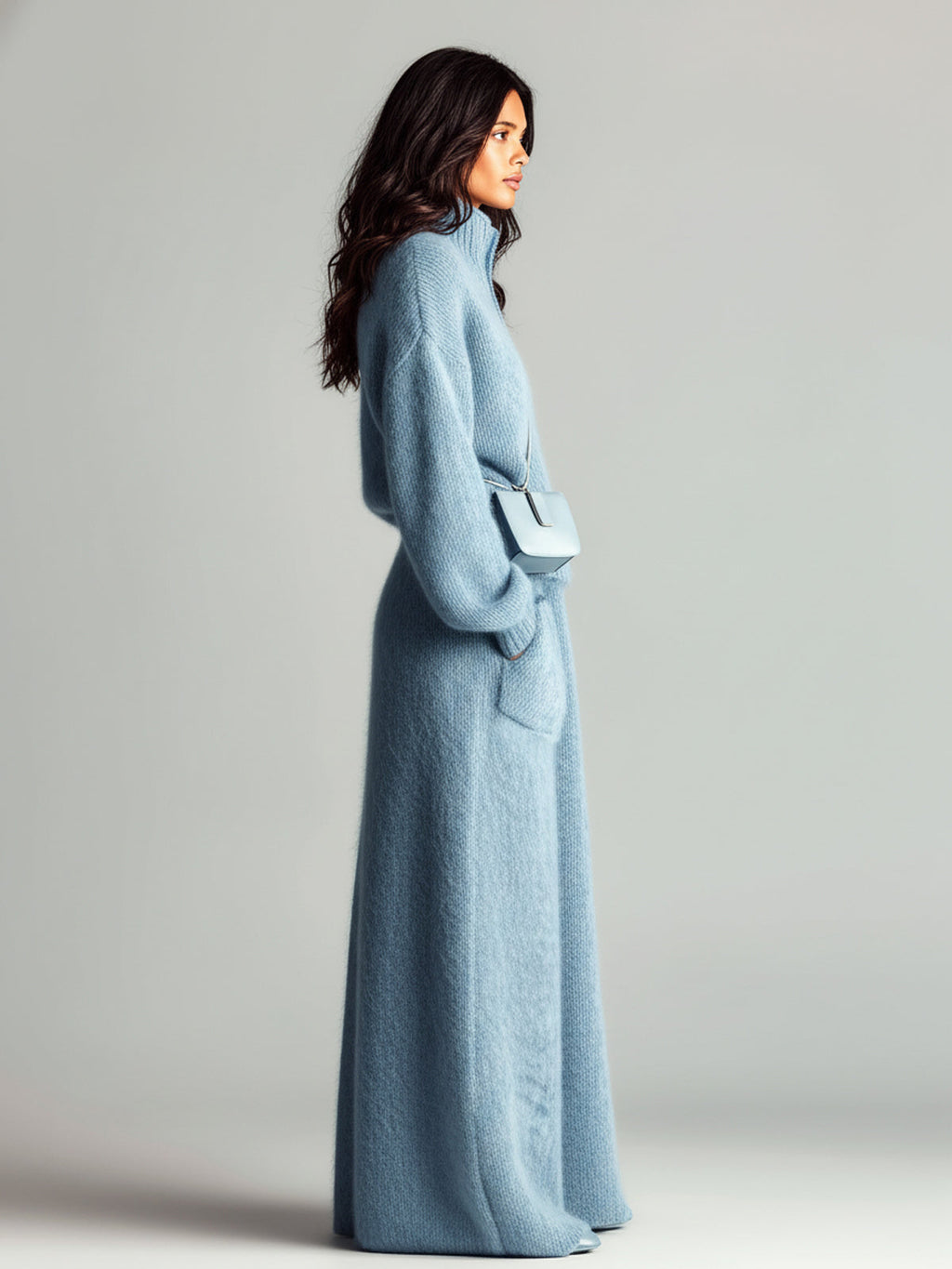Sarah Chic Elegant Blue Stand Collar V Neck Long Sleeve Loose Sweater Patch Pocket Maxi Skirt Fuzzy Knit Two-Piece Set