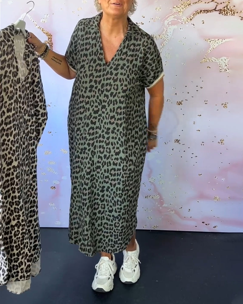 Short Sleeve Leopard Print Dress with V-Neck