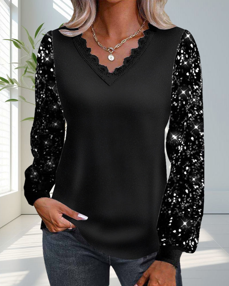 Casual Solid Color Glitter Top with V-Neck