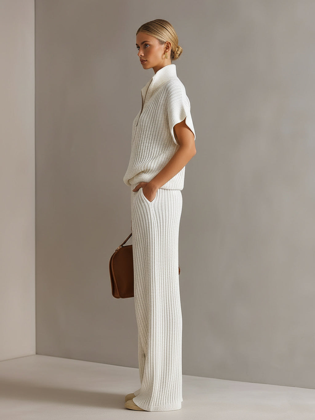Kennedy Chic Elegant Cream White Zipper-Up Stand Collar Oversize Short-Sleeve Sweater Wide-Leg Pants Ribbed Knit Two-Piece Set