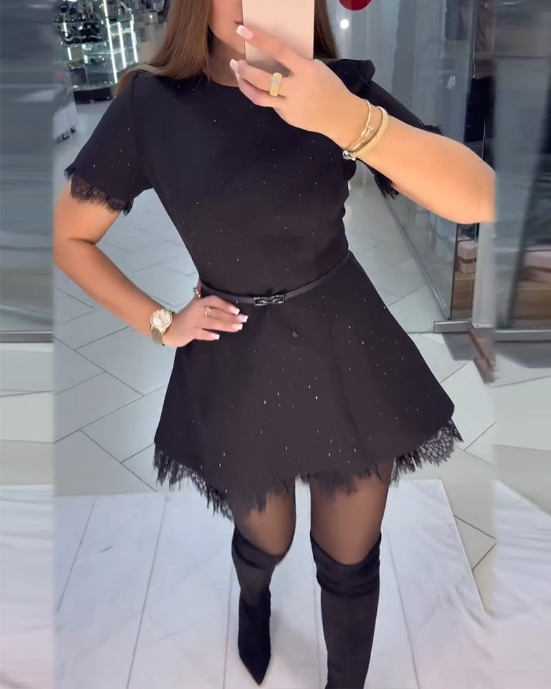 Shimmering Lace Dress with Short Sleeves and A-Line Cut