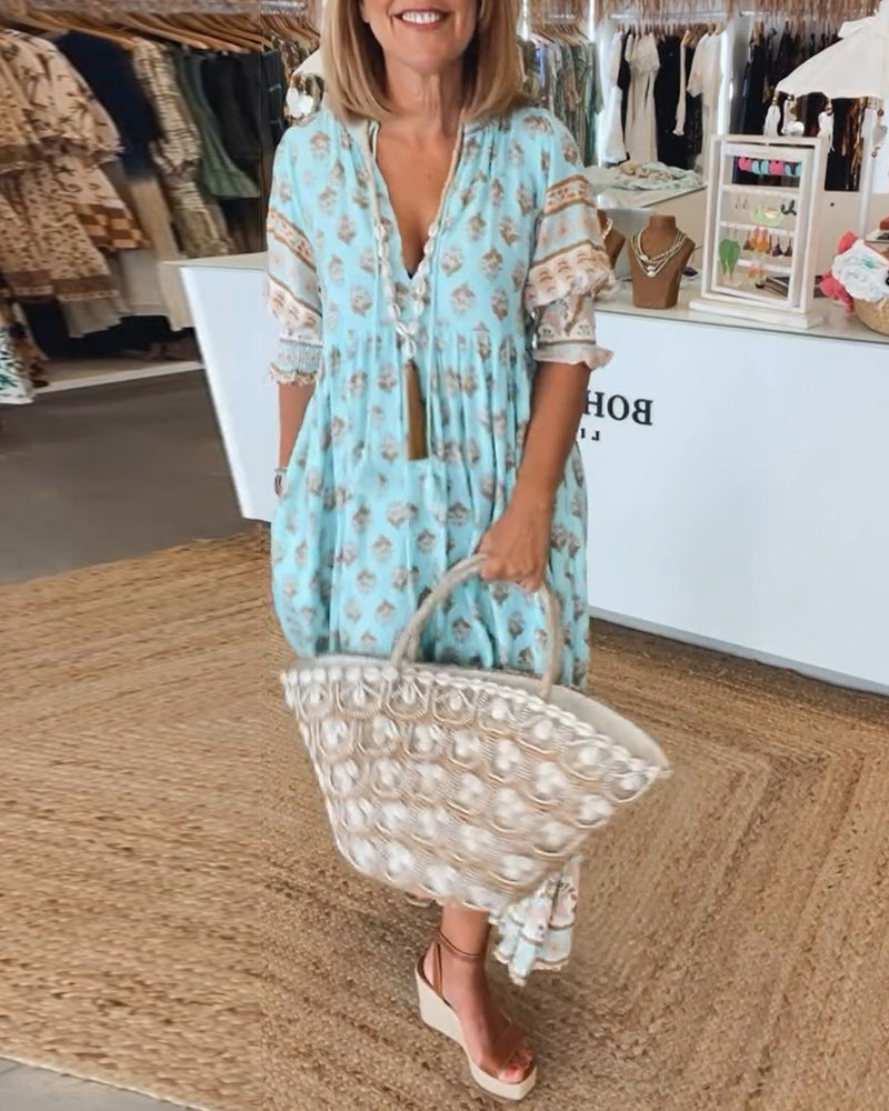 Casual Printed V-Neck Dress with Half Sleeves