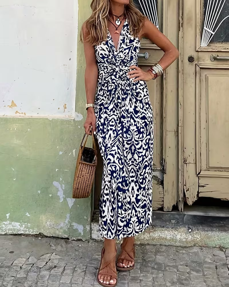 Printed Strapless Dress with V-Neck and Slit