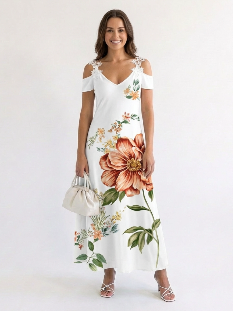 Camila | Vestido Maxi A-Line Floral sin Hombros
