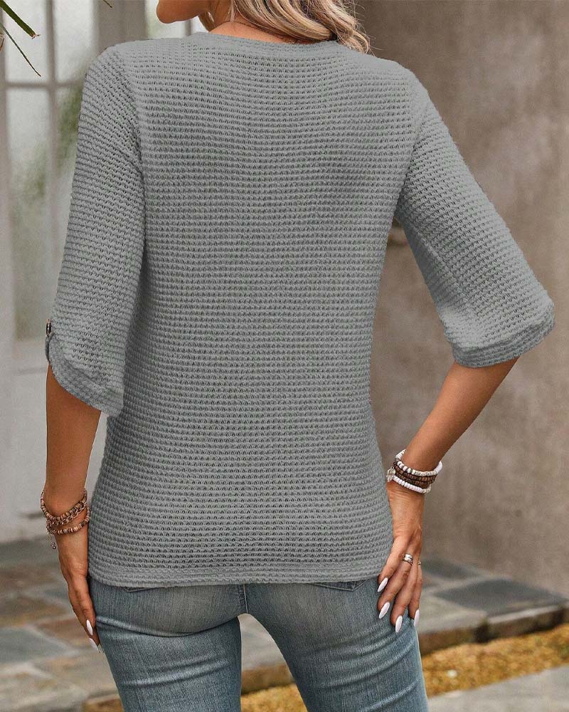 Solid Waffle Pattern Top with Round Neck