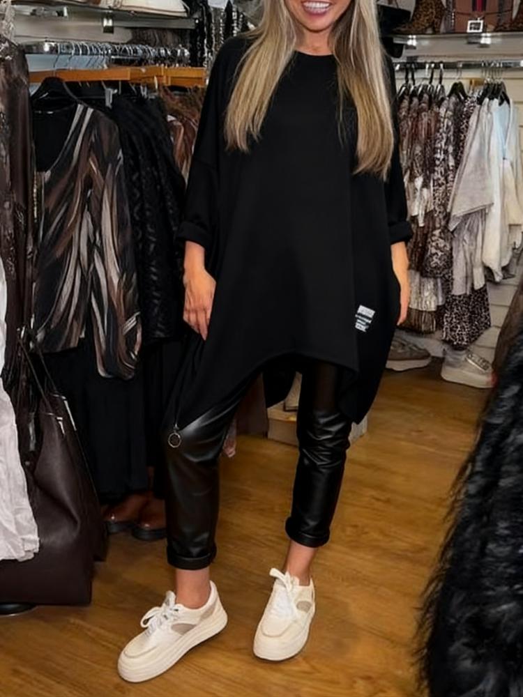 Limited Time Offer Two-Piece Set Comprising an Asymmetrical Loose Top and Solid Pants