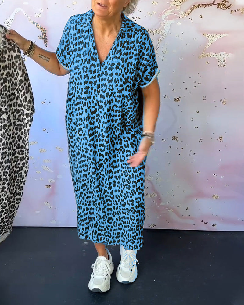 Short Sleeve Leopard Print Dress with V-Neck