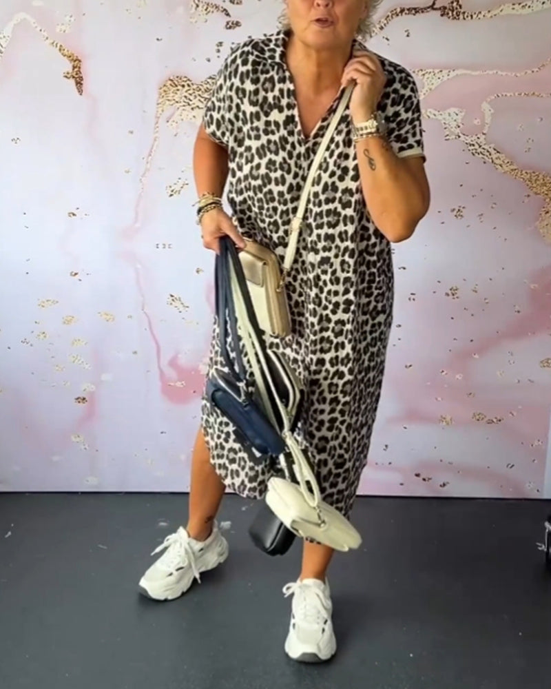 Short Sleeve Leopard Print Dress with V-Neck