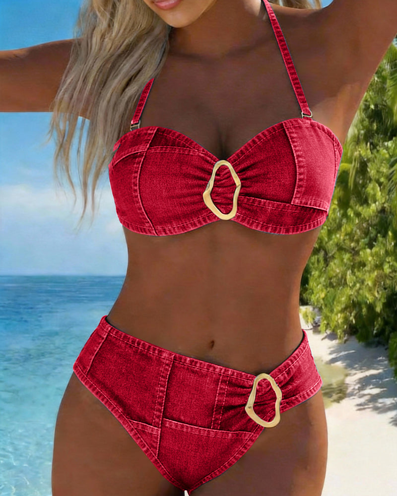 Metal Buckle Suspender Bikini Two Piece