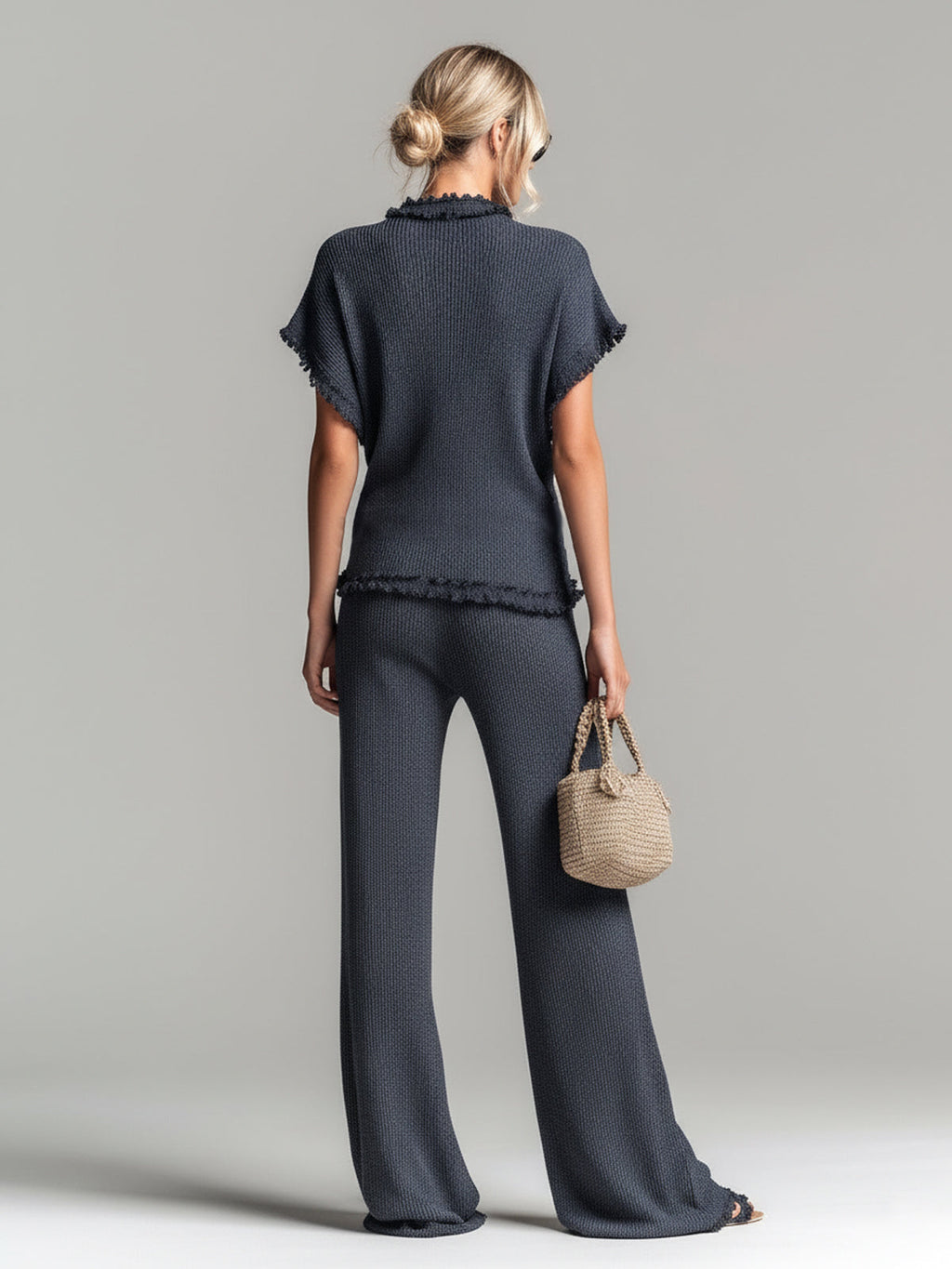 Hazel Chic Elegant Dark Gray Round Neck Short-Sleeve Loose-Fit Sweater Wide-Leg Pants Lace Details Ribbed Knit Two-Piece Set