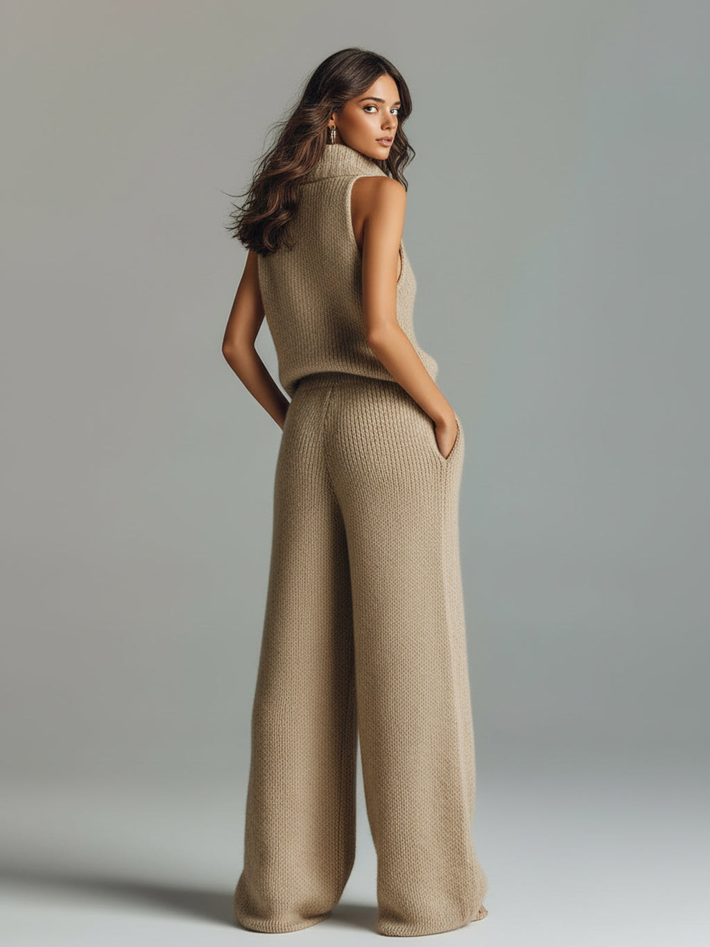 Aurora Chic Elegant Camel Stand Collar V-Neck Sleeveless Sweater Wide-Leg Pants Ribbed Knit Two-Piece Set