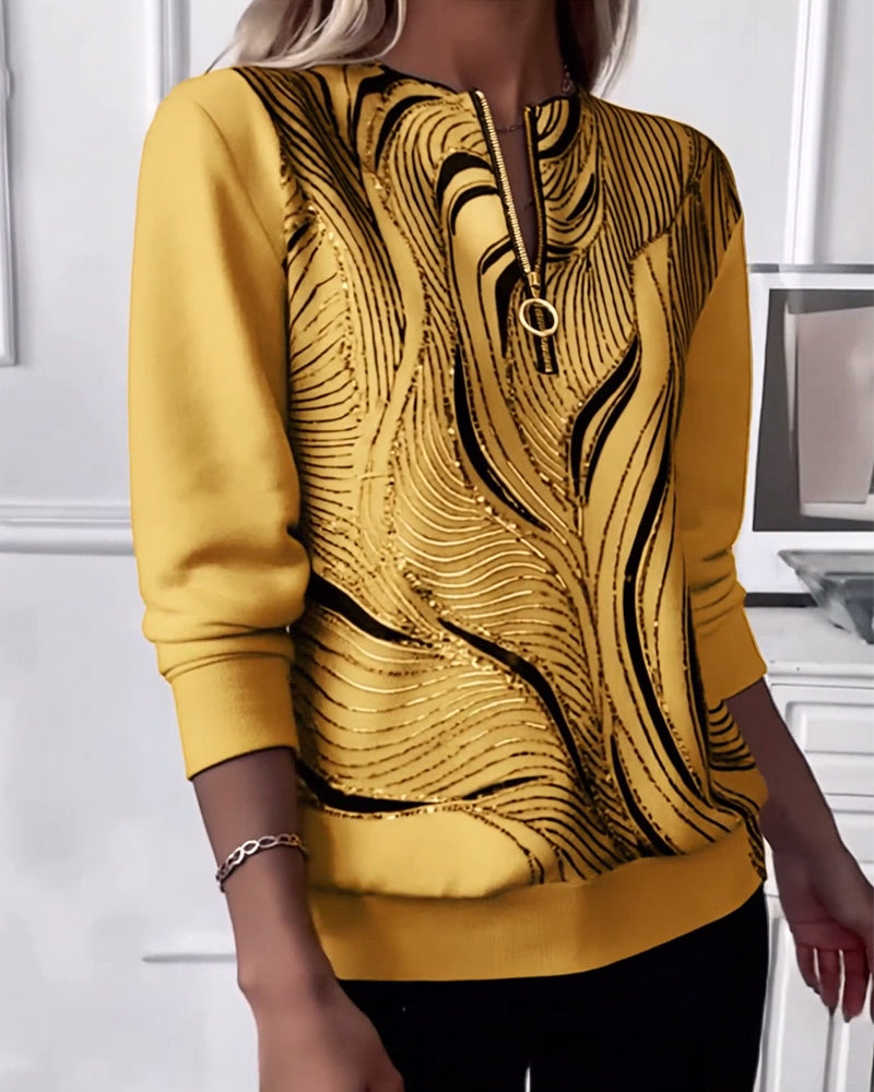 Casual Zip Print Sweatshirt
