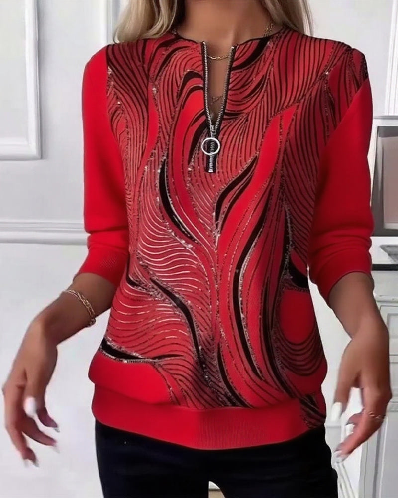 Casual Zip Print Sweatshirt