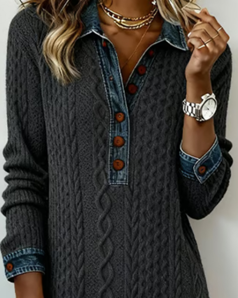 Denim Collar Dress Twisted Pattern and Patchwork