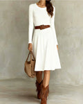 Elegant Solid Dress with Round Neck and Flared Skirt