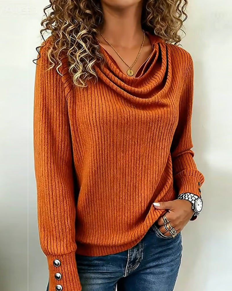 Solid Color Draped Neck Knit T-shirt