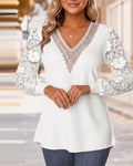 Elegant V-neck Long Sleeve Lace T-shirt