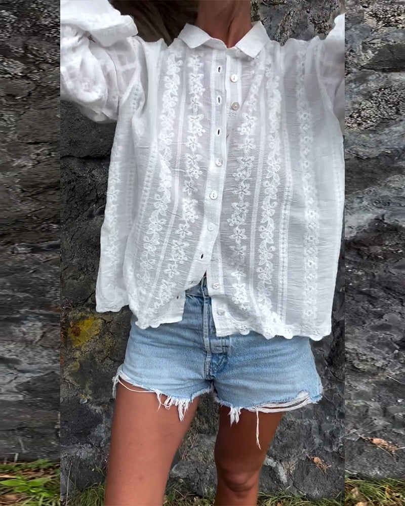 Embroidered Hollow Polo Collar Casual Shirt