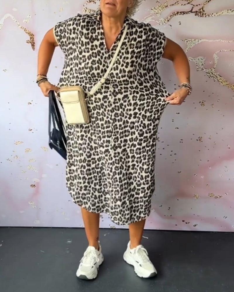 Short Sleeve Leopard Print Dress with V-Neck
