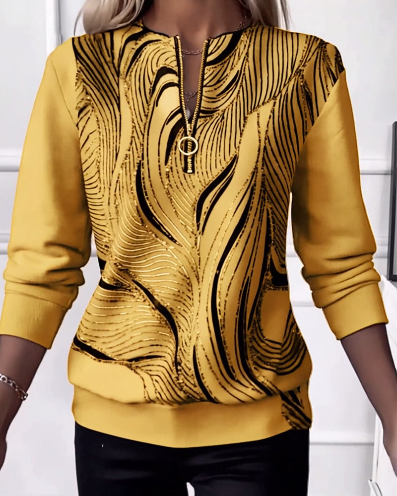 Casual Zip Print Sweatshirt