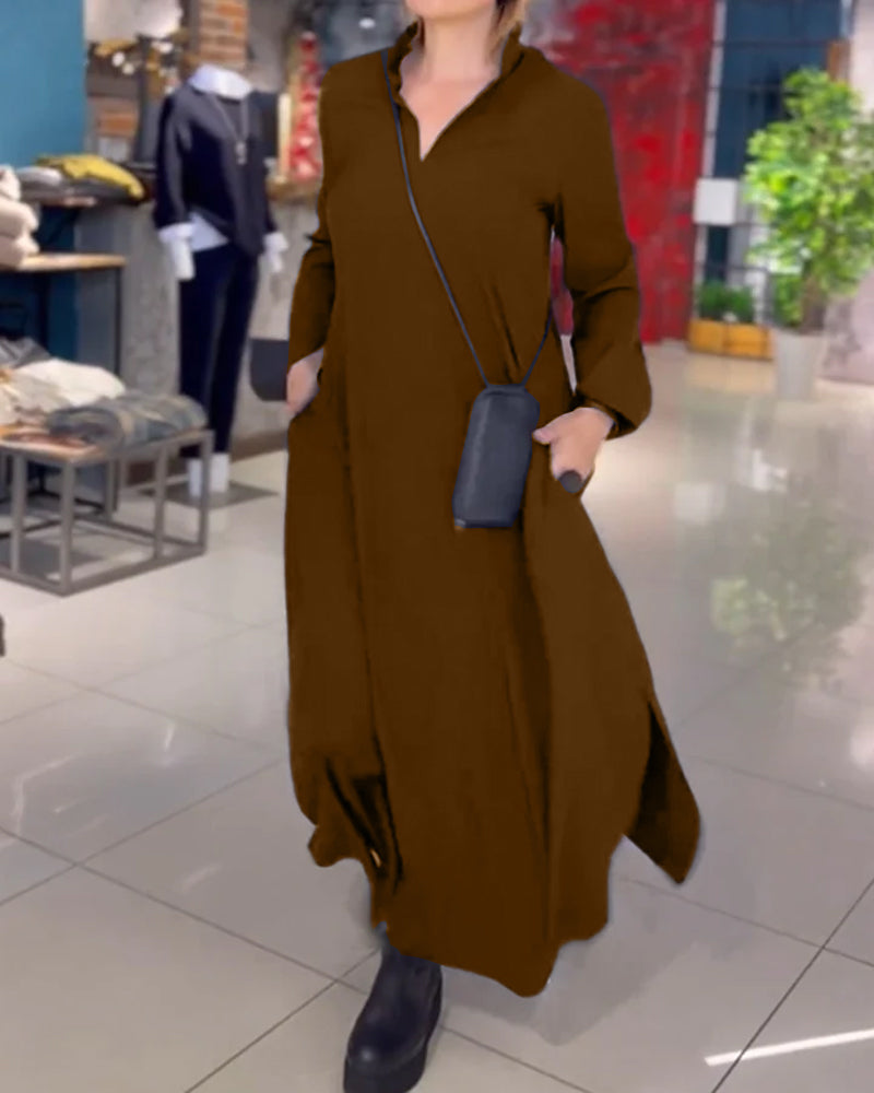 Evia™ - Loose Long Dress with Lapel and Slit