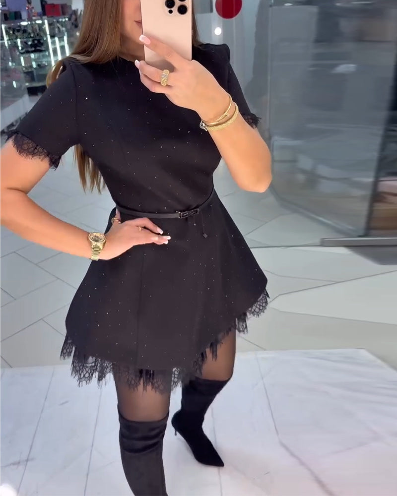 Shimmering Lace Dress with Short Sleeves and A-Line Cut