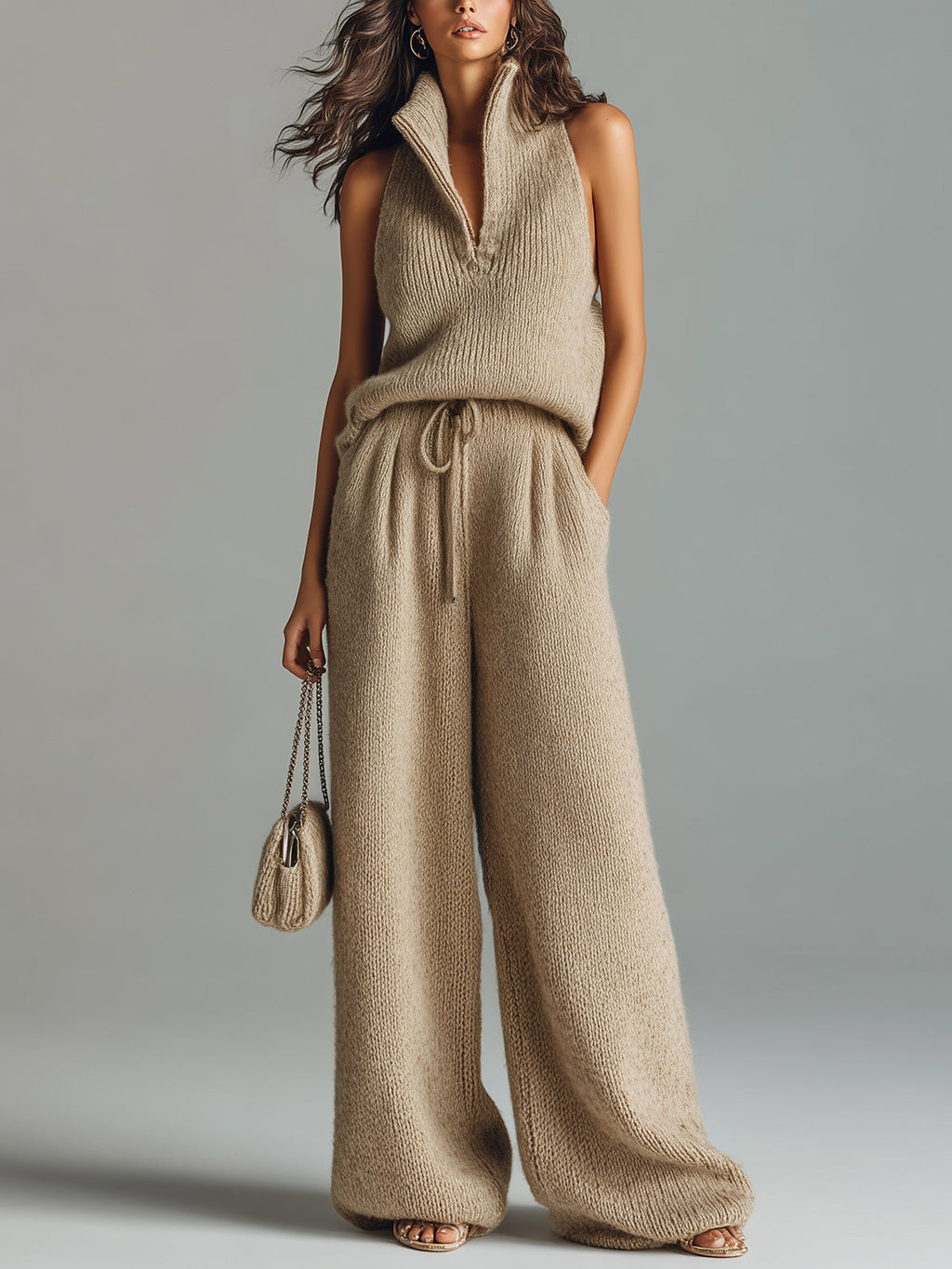 Aurora Chic Elegant Camel Stand Collar V-Neck Sleeveless Sweater Wide-Leg Pants Ribbed Knit Two-Piece Set