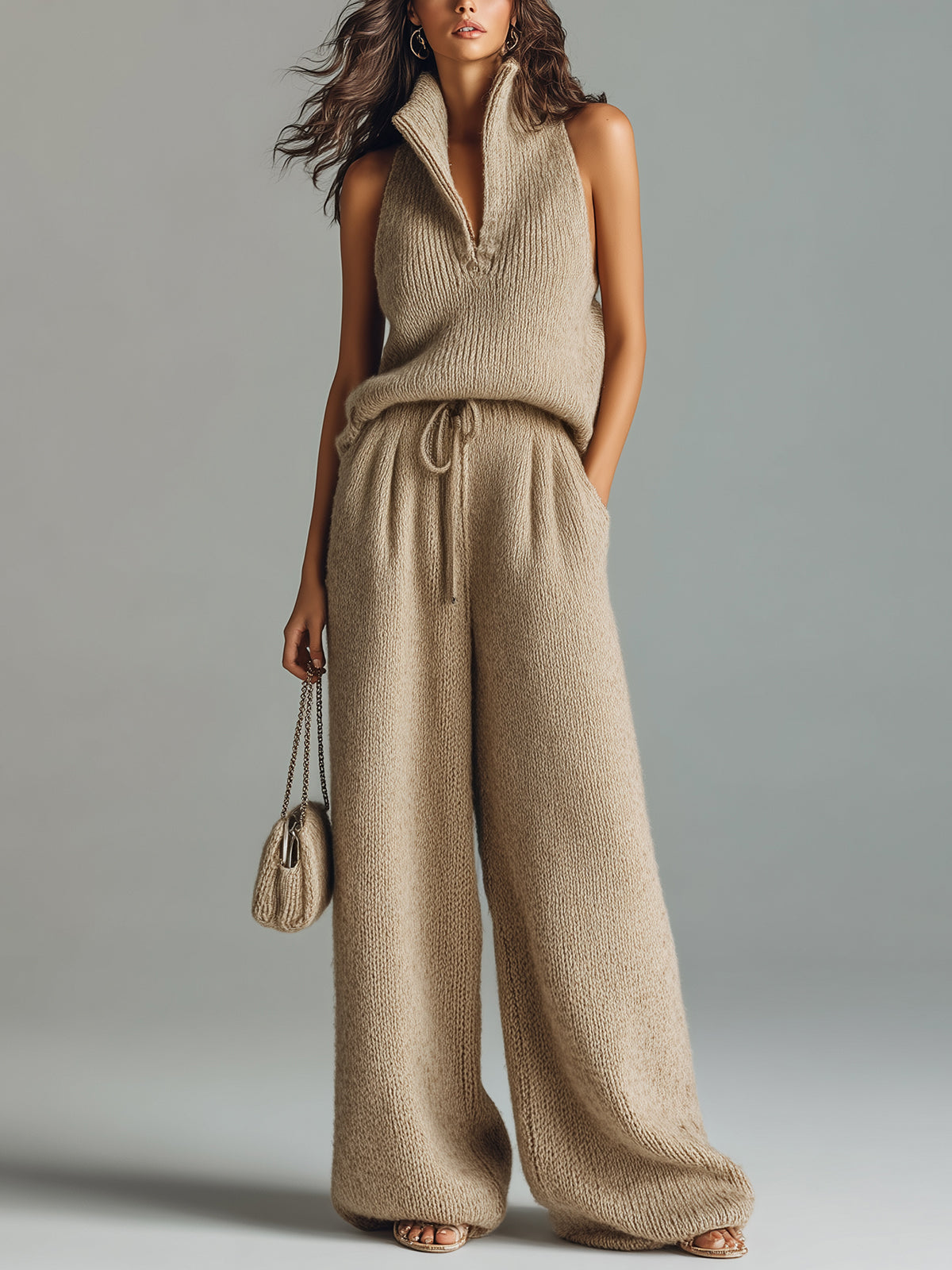 Aurora Chic Elegant Camel Stand Collar V-Neck Sleeveless Sweater Wide-Leg Pants Ribbed Knit Two-Piece Set