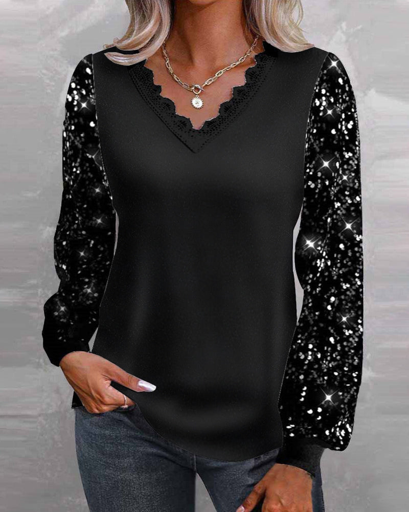 Casual Solid Color Glitter Top with V-Neck