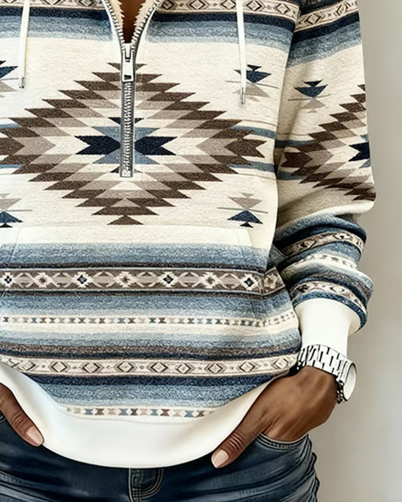 Retro Printed Half-Zip Hoodie Sweatshirt