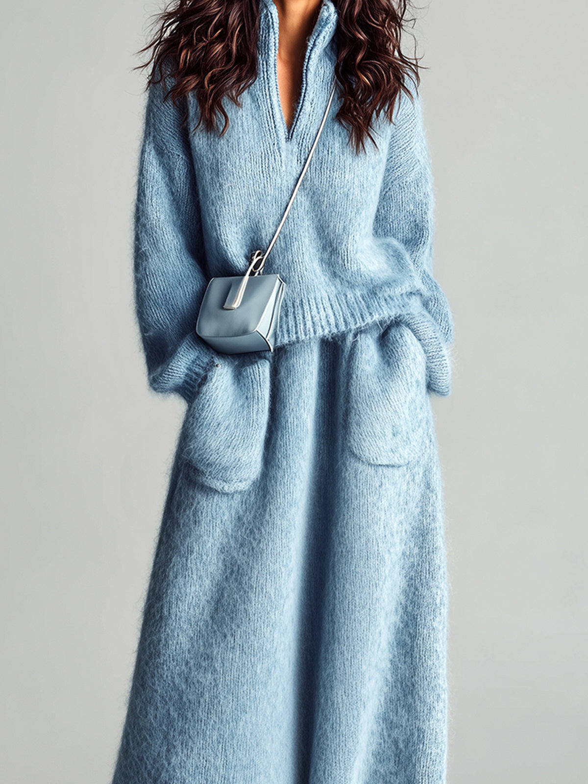 Sarah Chic Elegant Blue Stand Collar V Neck Long Sleeve Loose Sweater Patch Pocket Maxi Skirt Fuzzy Knit Two-Piece Set