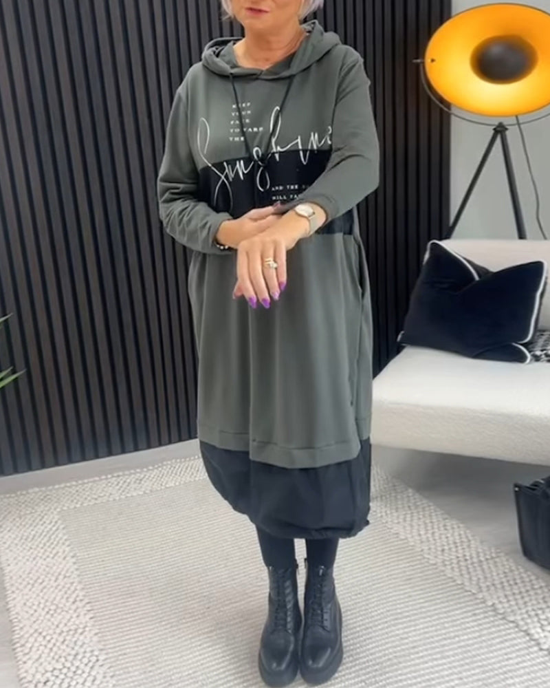 Casual Hooded Dress with Color Block Letter Print and Pocket