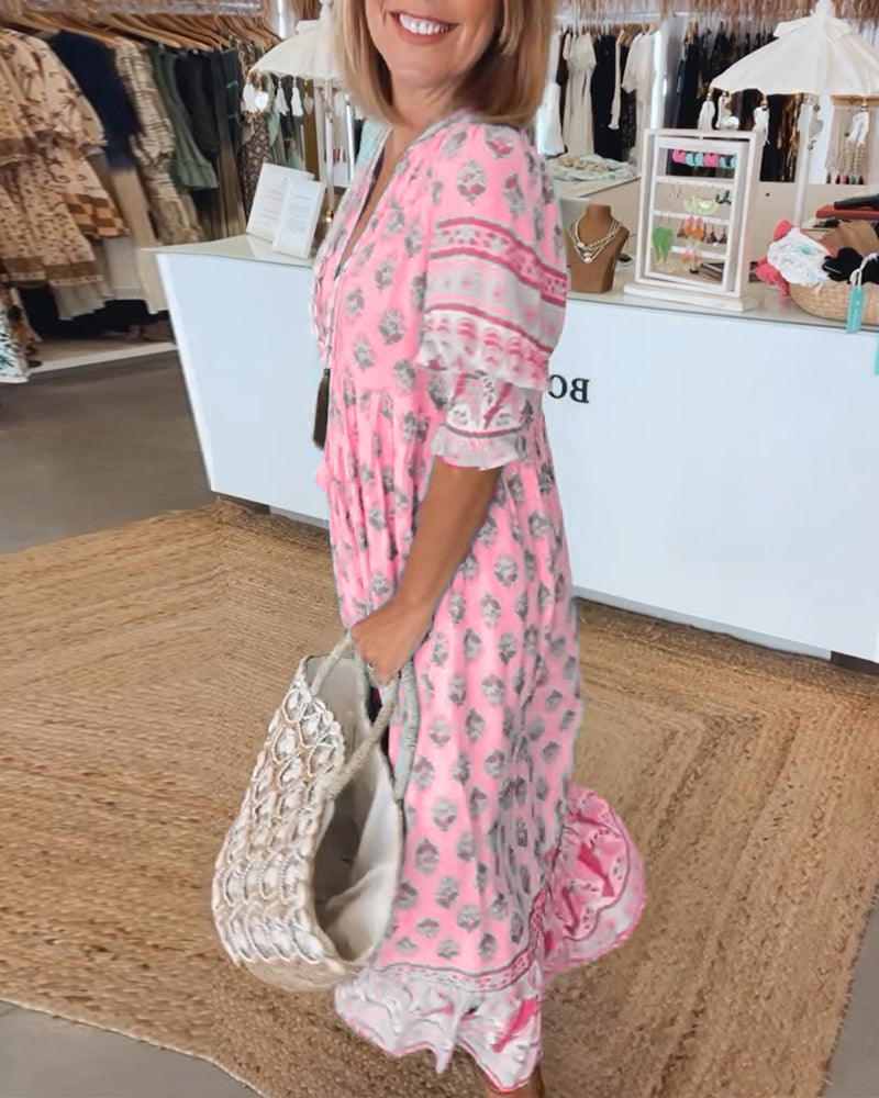 Casual Printed V-Neck Dress with Half Sleeves