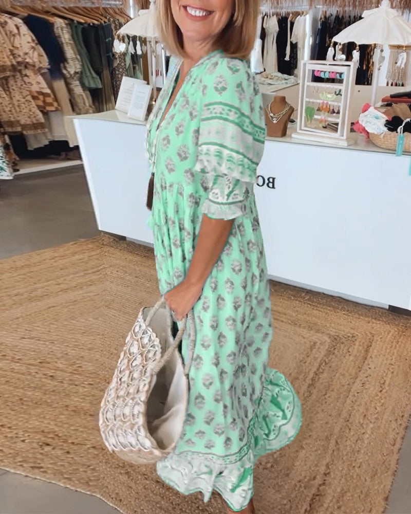 Casual Printed V-Neck Dress with Half Sleeves