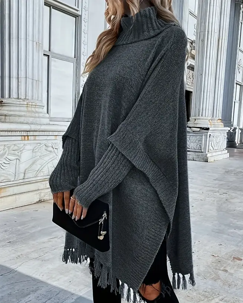 Pullover with Batwing Sleeves and Fringe
