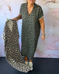 Short Sleeve Leopard Print Dress with V-Neck