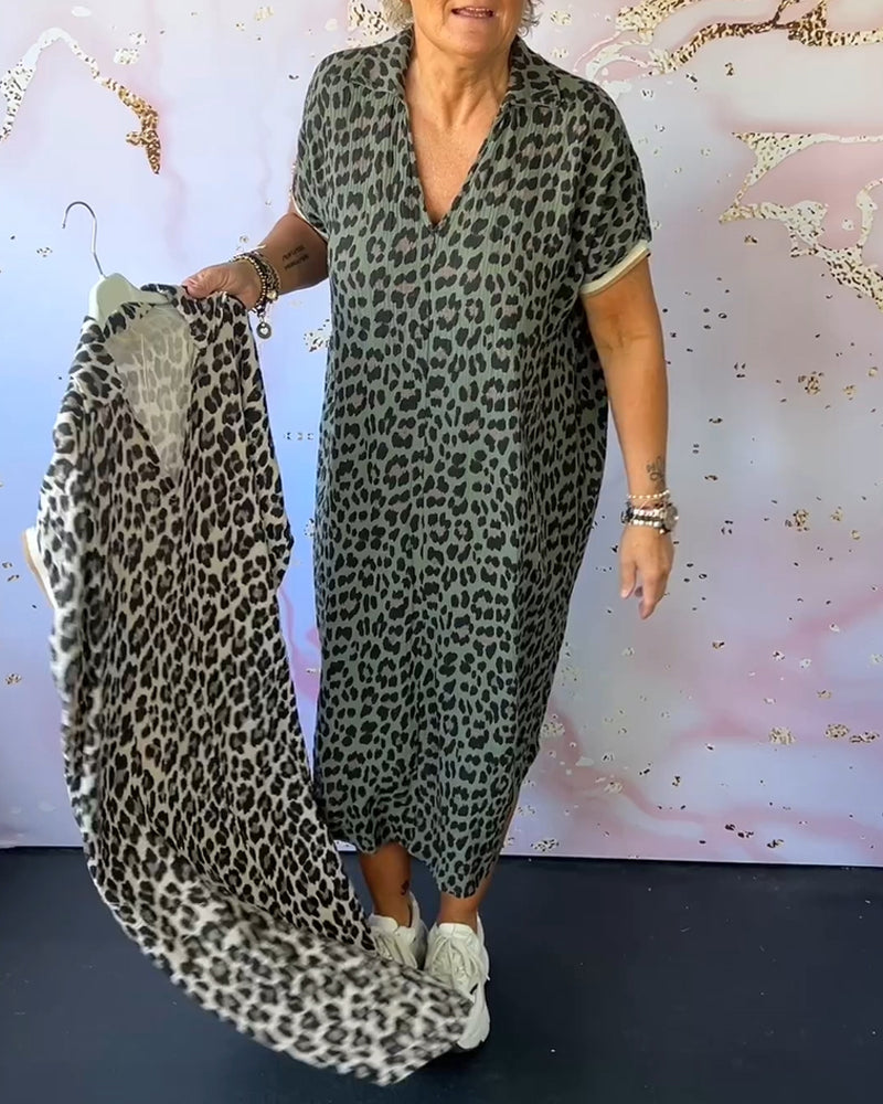 Short Sleeve Leopard Print Dress with V-Neck