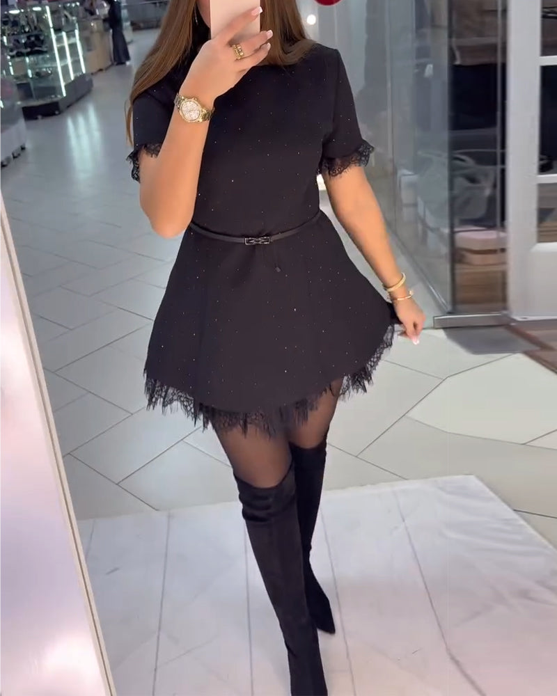 Shimmering Lace Dress with Short Sleeves and A-Line Cut