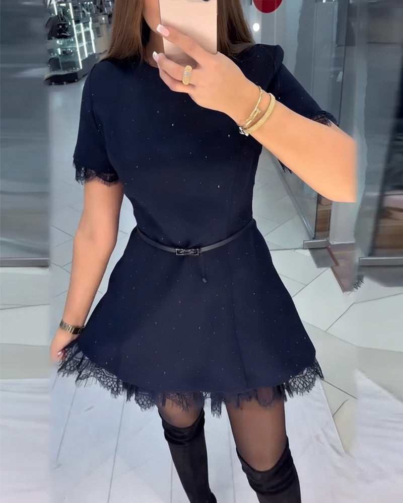Shimmering Lace Dress with Short Sleeves and A-Line Cut