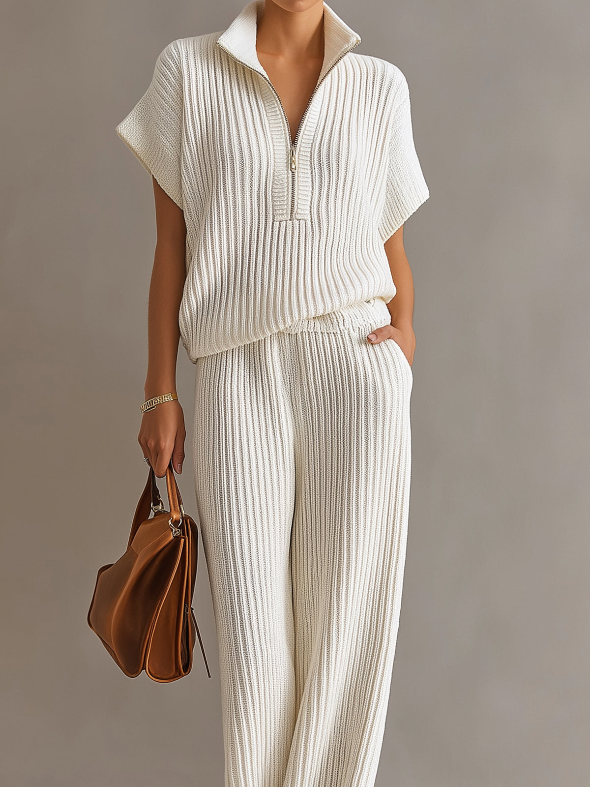 Kennedy Chic Elegant Cream White Zipper-Up Stand Collar Oversize Short-Sleeve Sweater Wide-Leg Pants Ribbed Knit Two-Piece Set