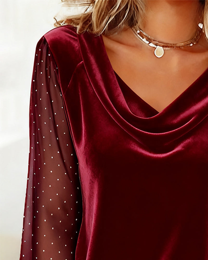 Draped Neck Patchwork Top Long Sleeves