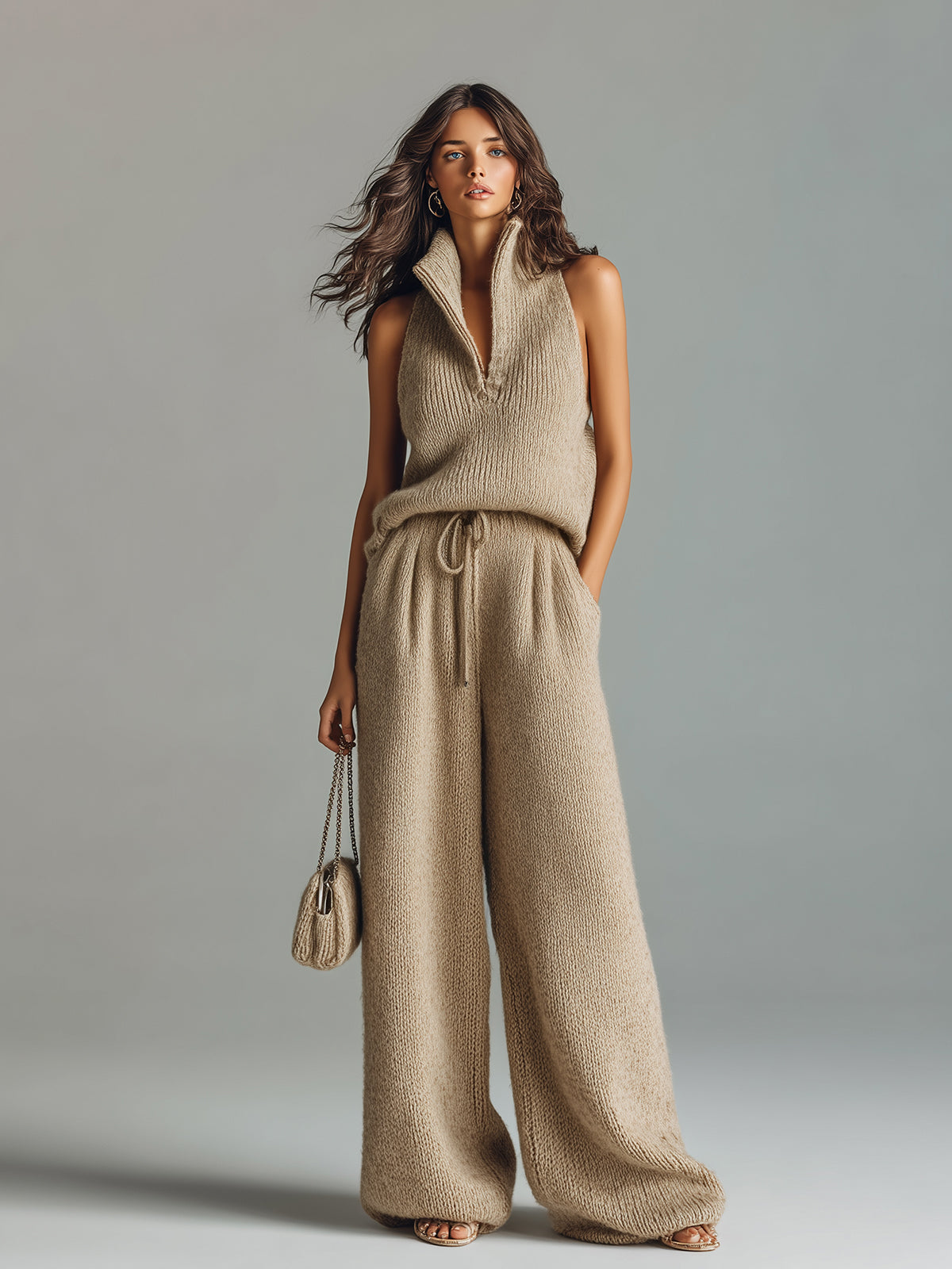 Aurora Chic Elegant Camel Stand Collar V-Neck Sleeveless Sweater Wide-Leg Pants Ribbed Knit Two-Piece Set