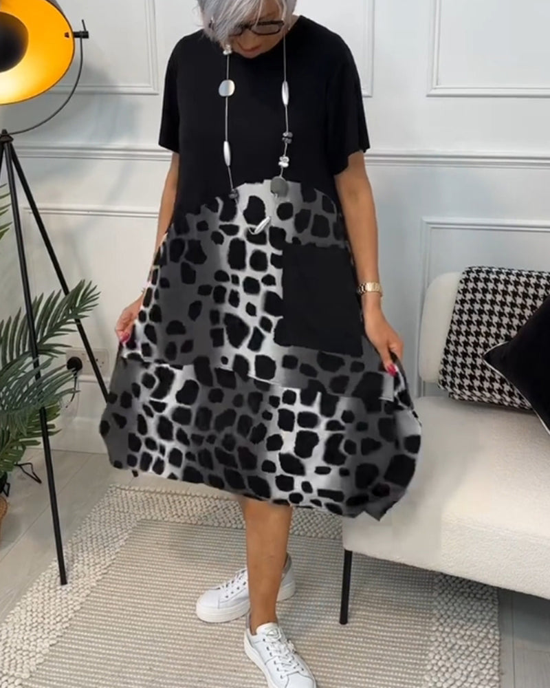 Printed Short Sleeve Dress with Round Neck