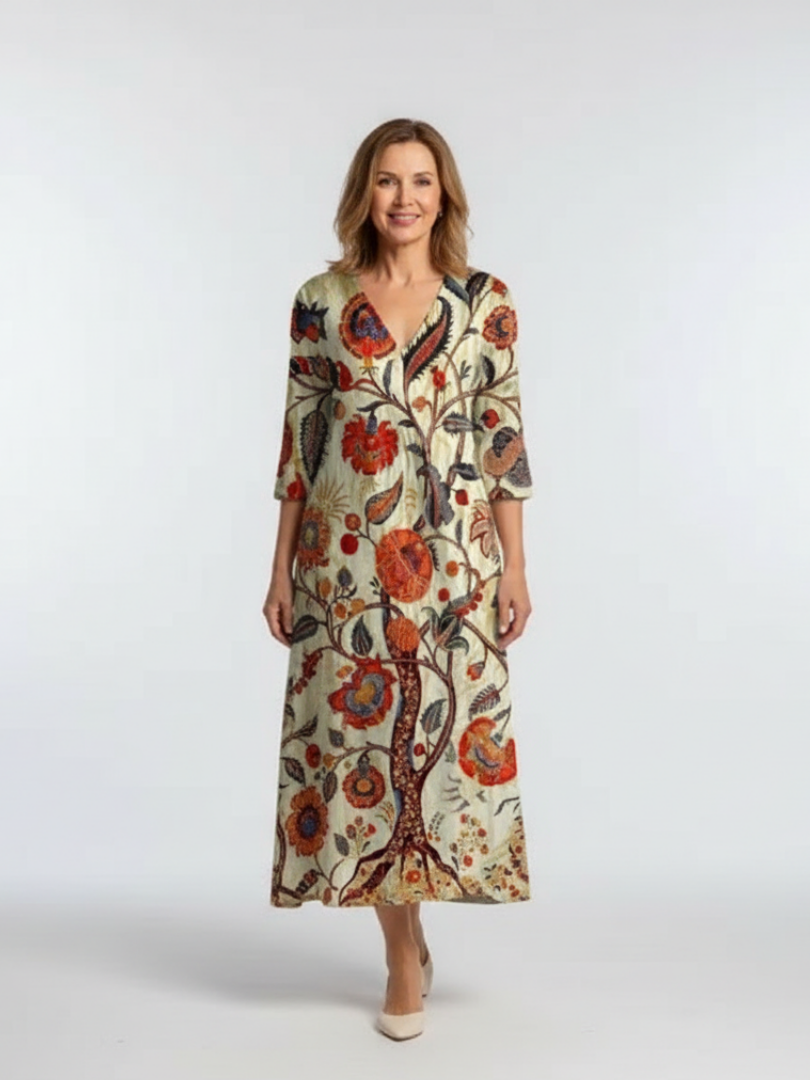 Corisande | Vestido Midi Floral de Manga Larga con Escote en V