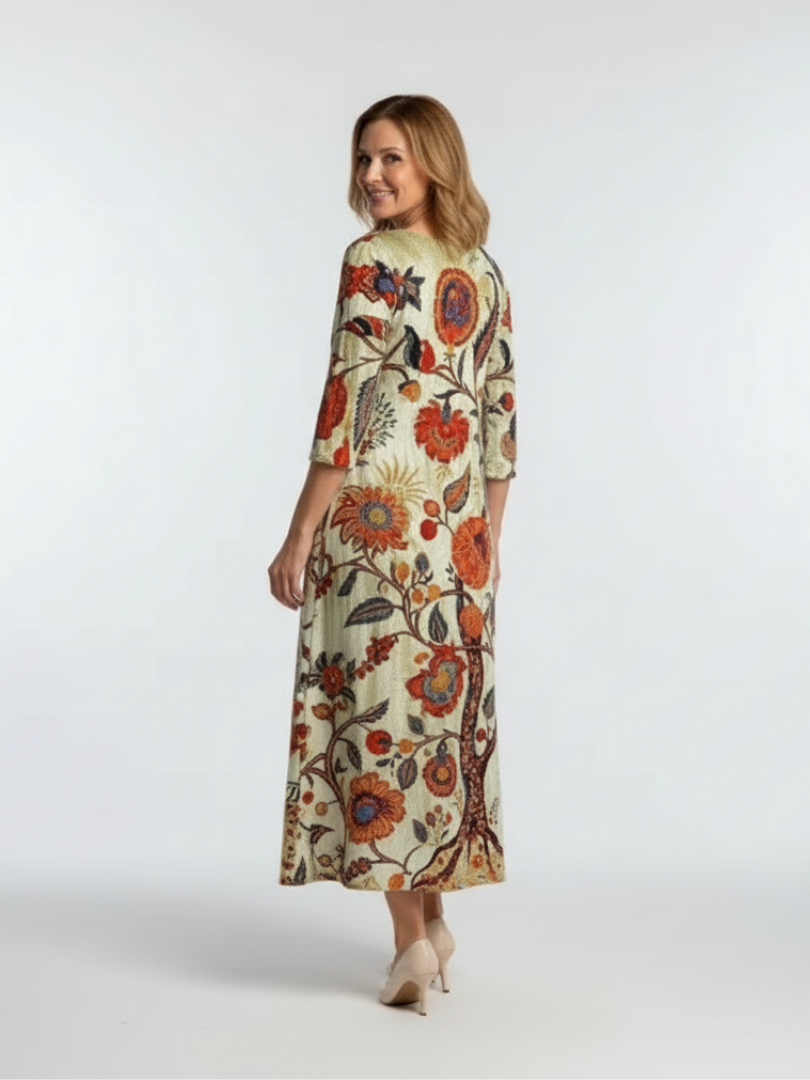 Corisande | Vestido Midi Floral de Manga Larga con Escote en V