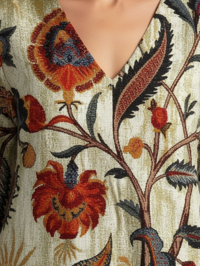 Corisande | Vestido Midi Floral de Manga Larga con Escote en V